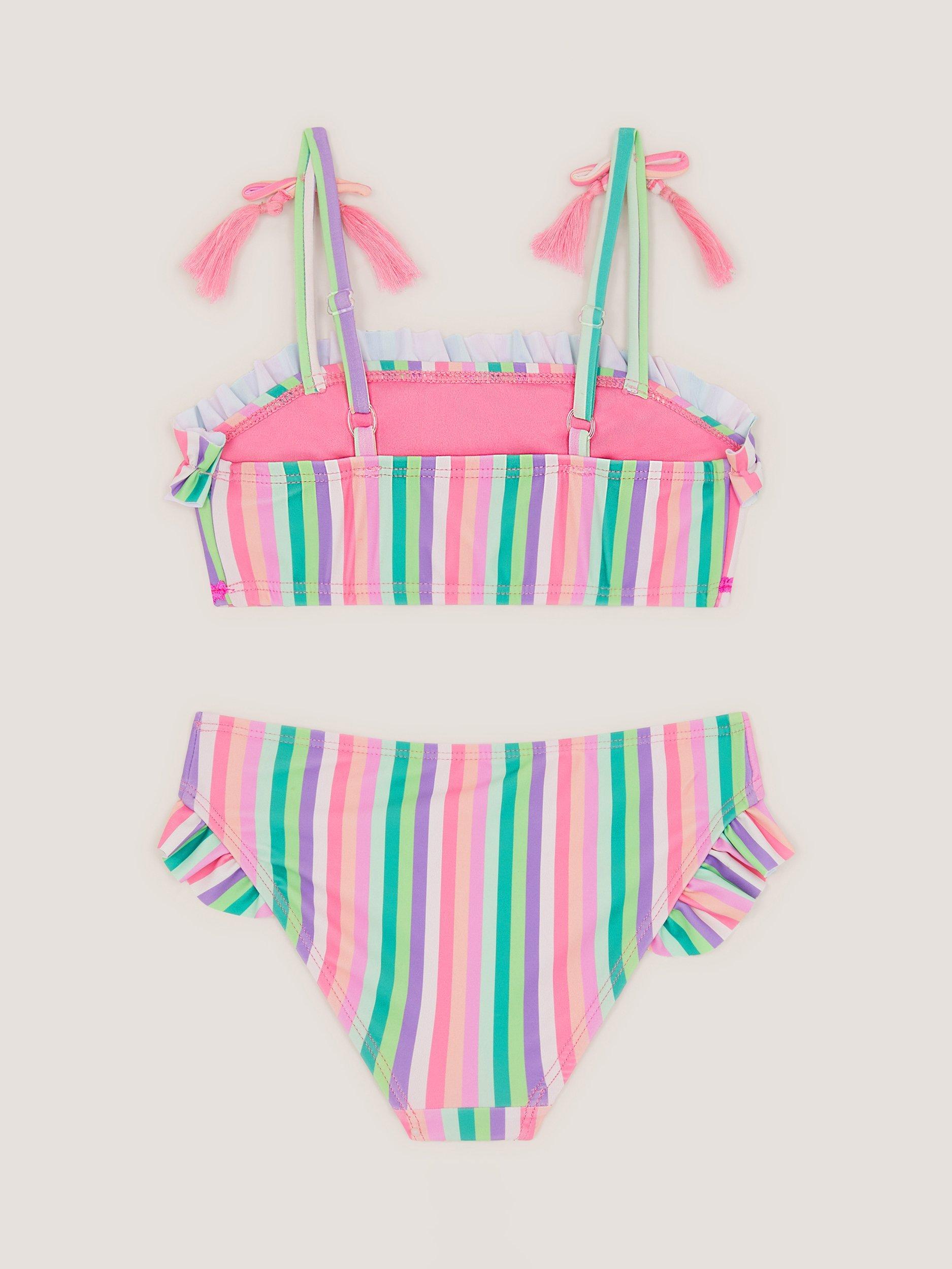 Product image 3 of 3, which shows Monsoon Kids' Stripe Frill Bikini Set, Green/Multi, 3-4 years