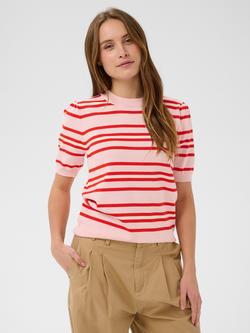 Saint Tropez Pila Stripe Short Sleeve Jumper containing LENZING™ ECOVERO™ Viscose, Chalk Pink/Red, Chalk Pink/Red
