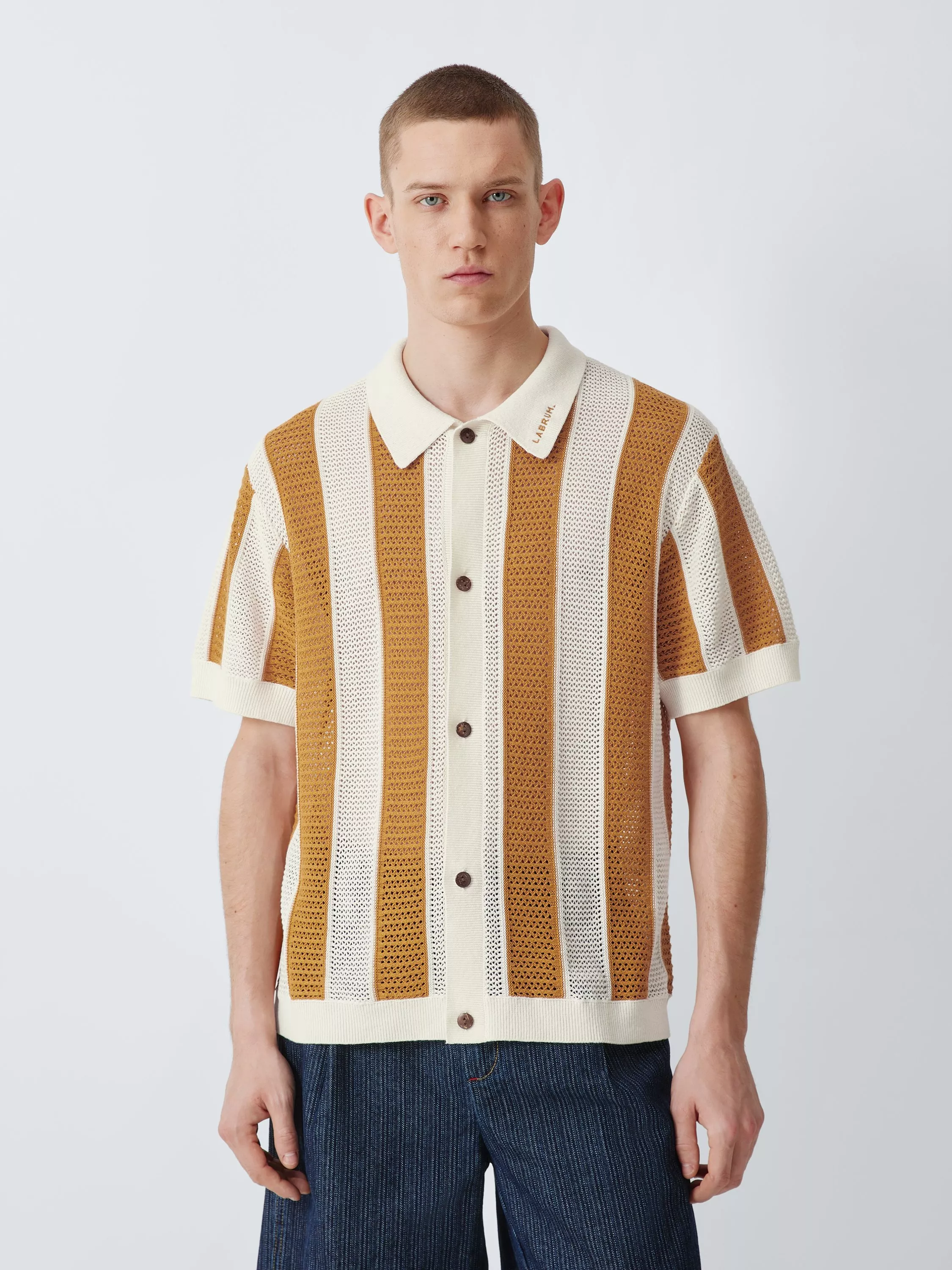 John Lewis x LABRUM Short Sleeve Striped Linen Cotton Blend Knit Polo Shirt, Mustard