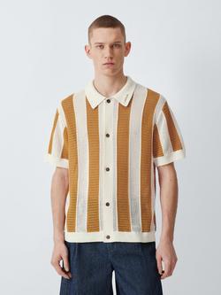 John Lewis x LABRUM Short Sleeve Striped Linen Cotton Blend Knit Polo Shirt, Mustard, Mustard