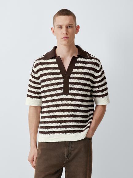 John Lewis x LABRUM Short Sleeve Striped Linen Cotton Blend Knit Open Collar Polo Shirt, Brown, Brown