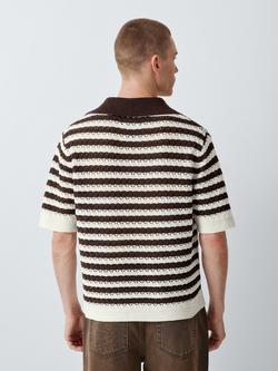 John Lewis x LABRUM Short Sleeve Striped Linen Cotton Blend Knit Open Collar Polo Shirt, Brown - view 2, Brown