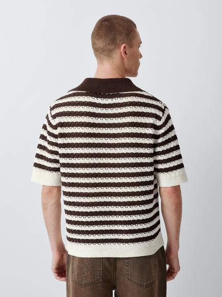 John Lewis x LABRUM Short Sleeve Striped Linen Cotton Blend Knit Open Collar Polo Shirt, Brown - view 2, Brown