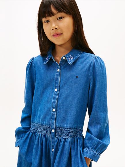 Tommy Hilfiger Kids' Embroidered Flower Shirt Dress, Blue - view 2, Blue