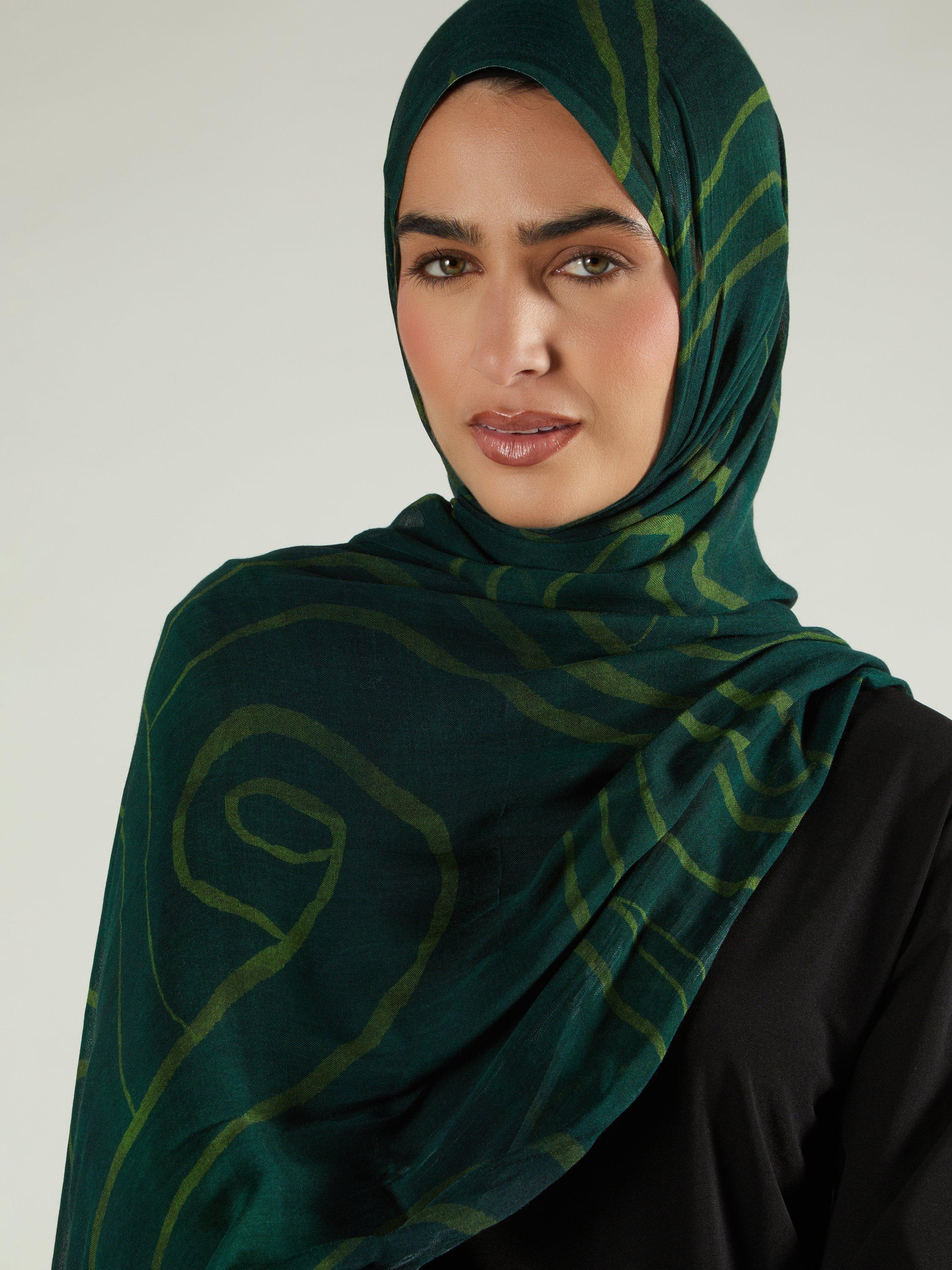 Product image 1 of 3, which shows Aab Swirl Premium Pure Modal Hijab, Green/Multi, One Size