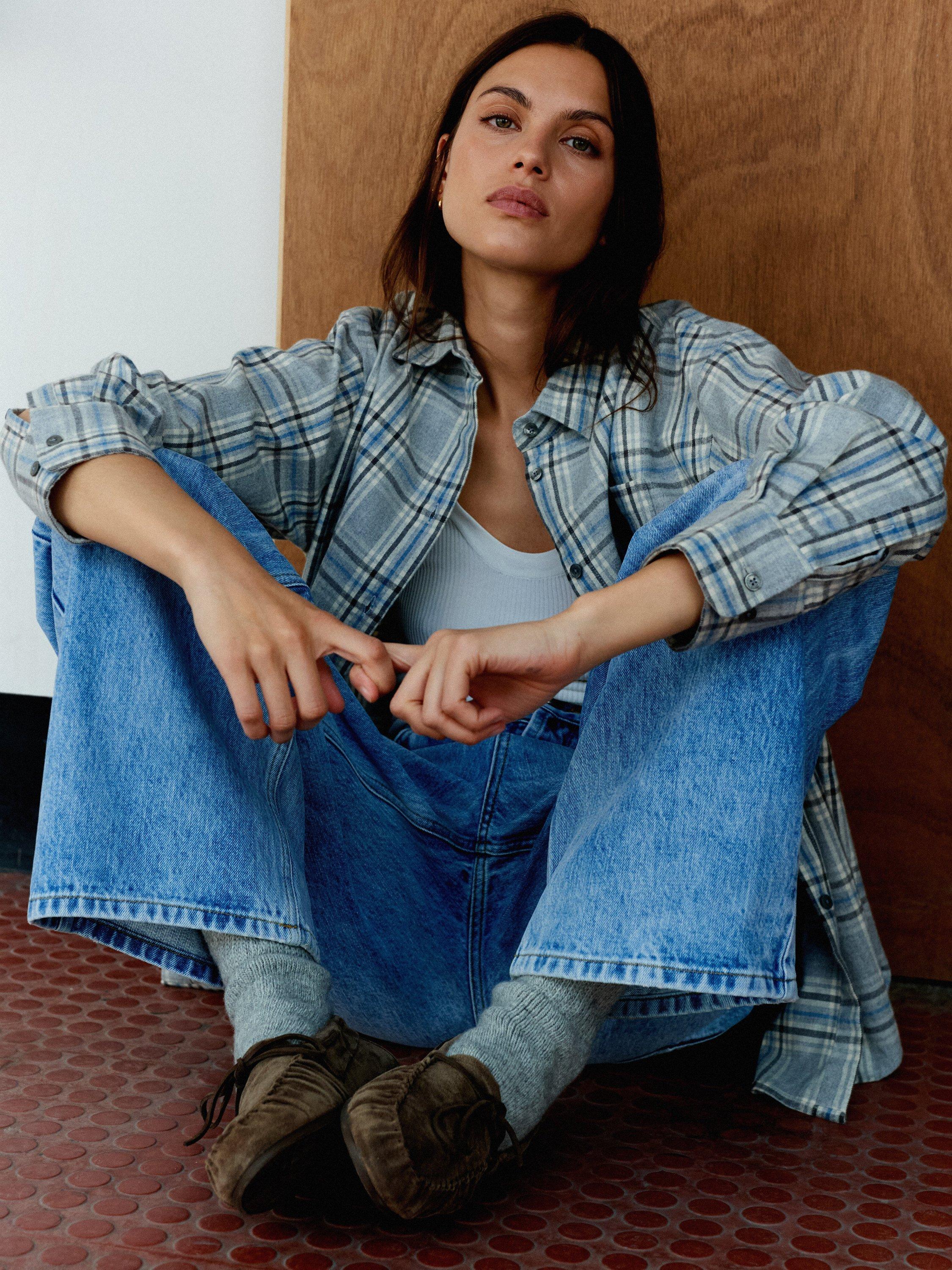 Product image 2 of 3, which shows YAITTE Braemar Plaid Check Shirt, Ice Grey, XS