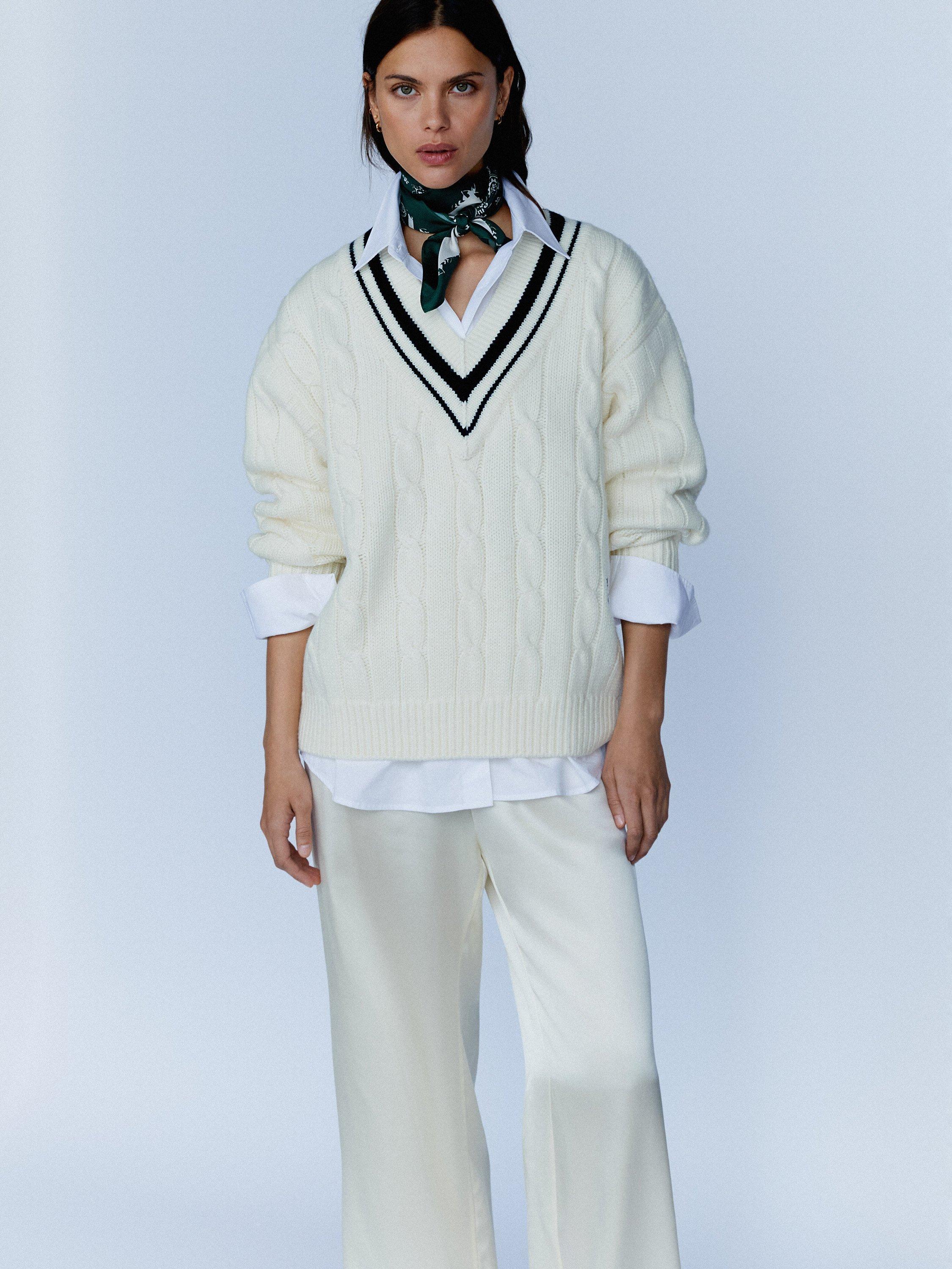 Product image 1 of 3, which shows YAITTE Cricket Cable Knit Jumper, Ecru & Black, S