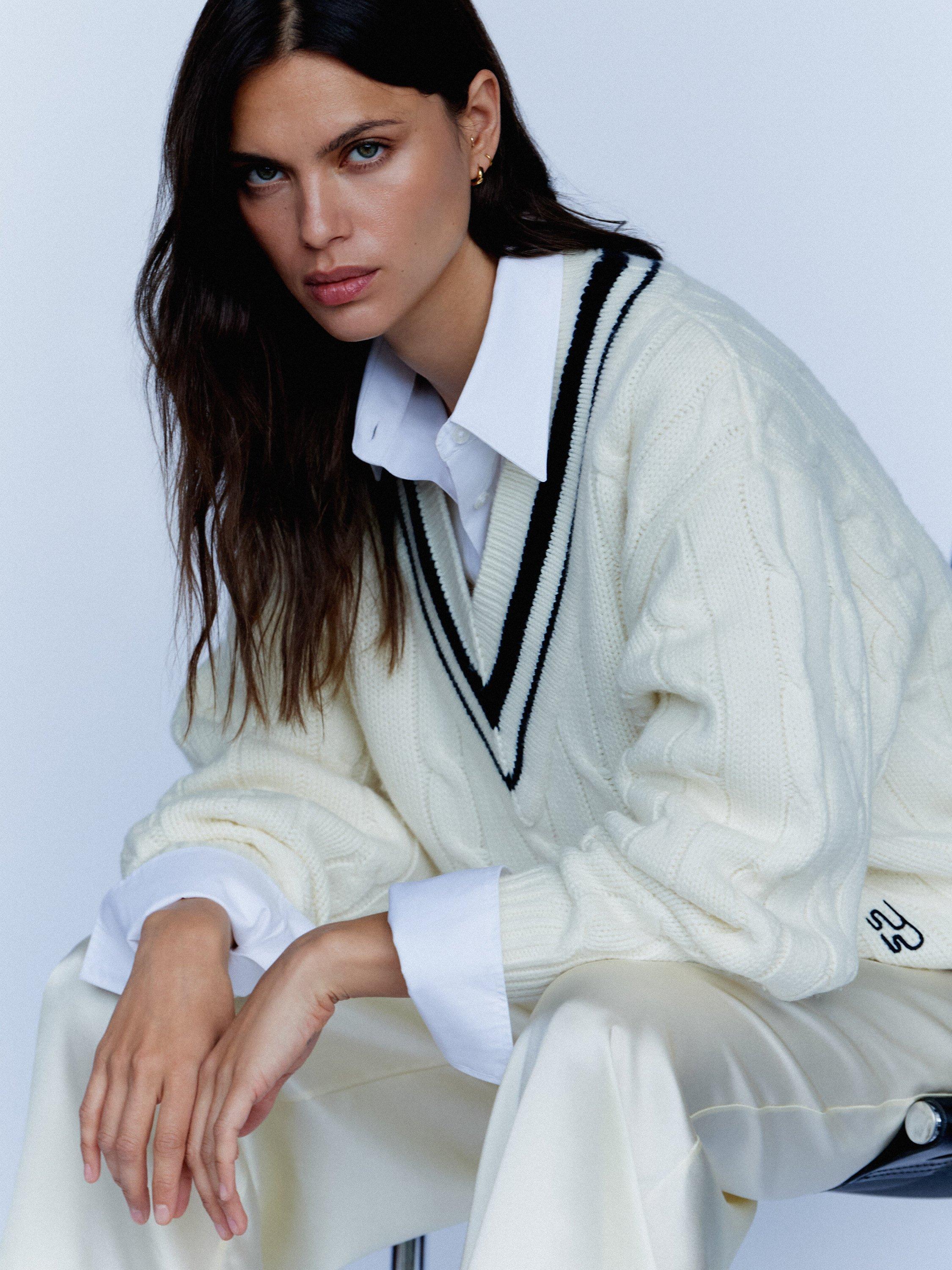 Product image 2 of 3, which shows YAITTE Cricket Cable Knit Jumper, Ecru & Black, S