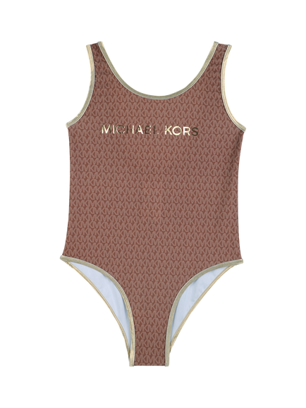 Michael Kors Kids' Metallic Logo Swimming Costume, Dark Chocolate, Dark Chocolate