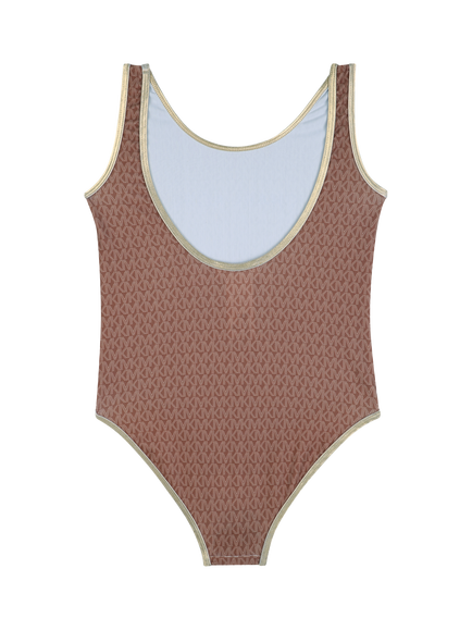 Michael Kors Kids' Metallic Logo Swimming Costume, Dark Chocolate - view 2, Dark Chocolate