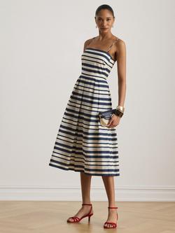 Lauren Ralph Lauren Stripe Satin Cocktail Dress, Cream/Navy, Cream/Navy