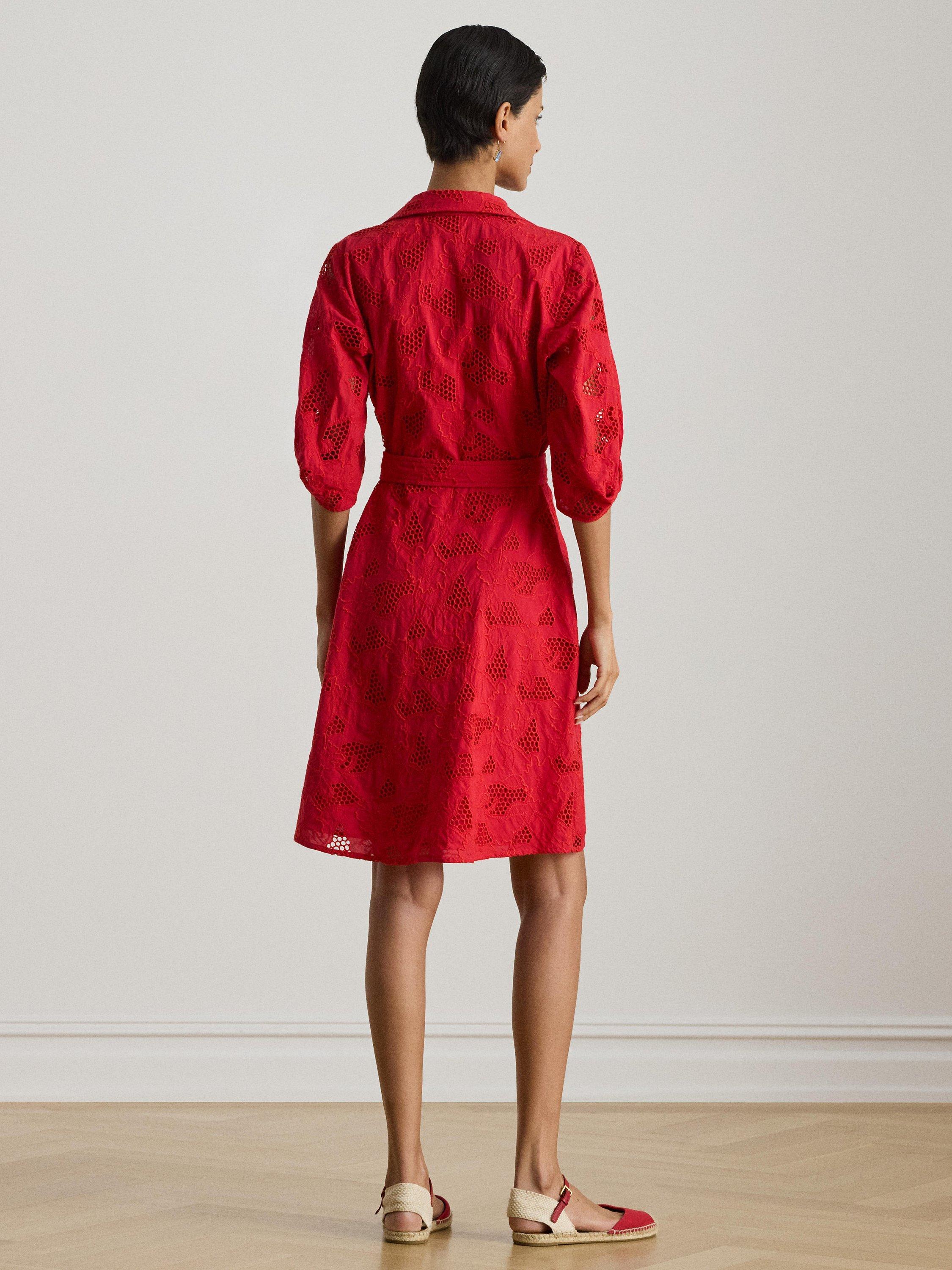 Lauren Ralph Lauren Embroidered Floral Shirt Dress, Red