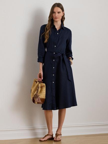 Lauren Ralph Lauren Belted Pure Linen Shirt Dress, Navy