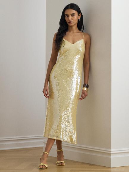 Lauren Ralph Lauren Strappy Sequin Midi Dress, Pastel Yellow, Pastel Yellow