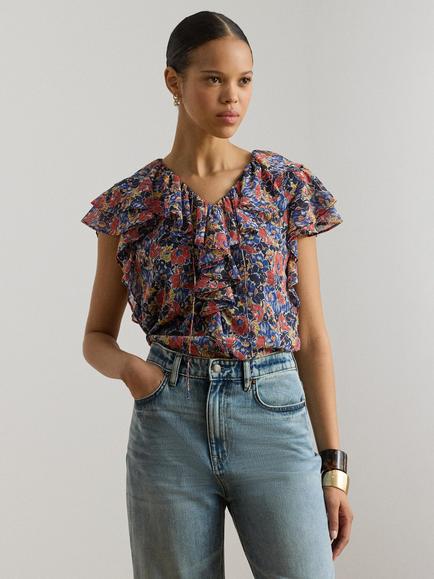 Lauren Ralph Lauren Floral Ruffle Trim Georgette Blouse, Multi, Multi