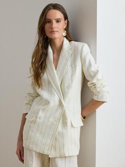 Lauren Ralph Lauren Stripe Double Breasted Pure Linen Blazer, White/Blue, White/Blue