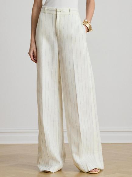 Lauren Ralph Lauren Stripe Pure Linen Trousers, White/Blue, White/Blue