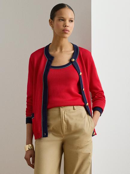 Lauren Ralph Lauren Colour Contrast Cardigan, Red/Navy, Red/Navy