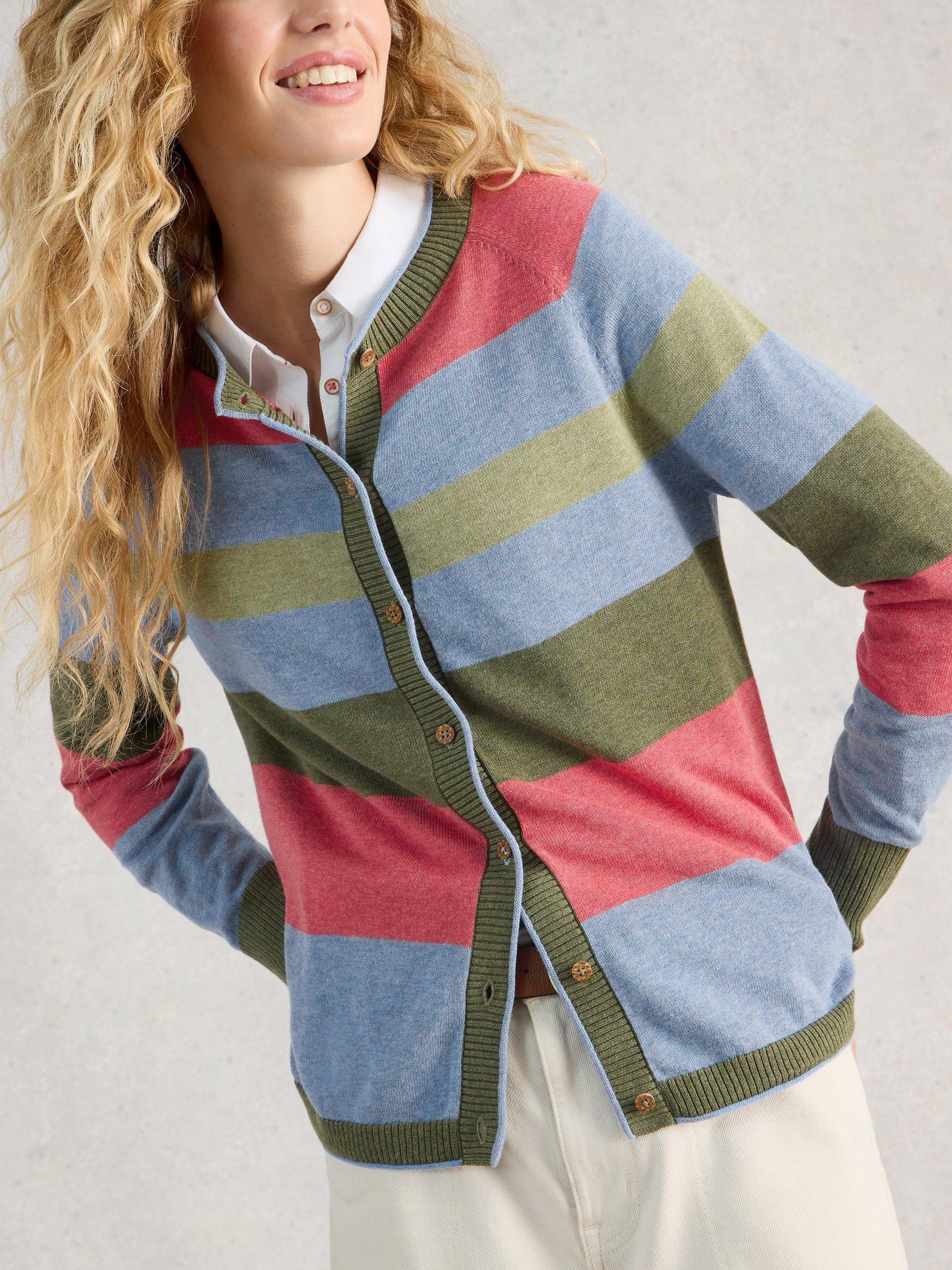 Product image 3 of 6, which shows White Stuff Lulu Crew Neck Stripe Cardigan, Green/Multi, 6