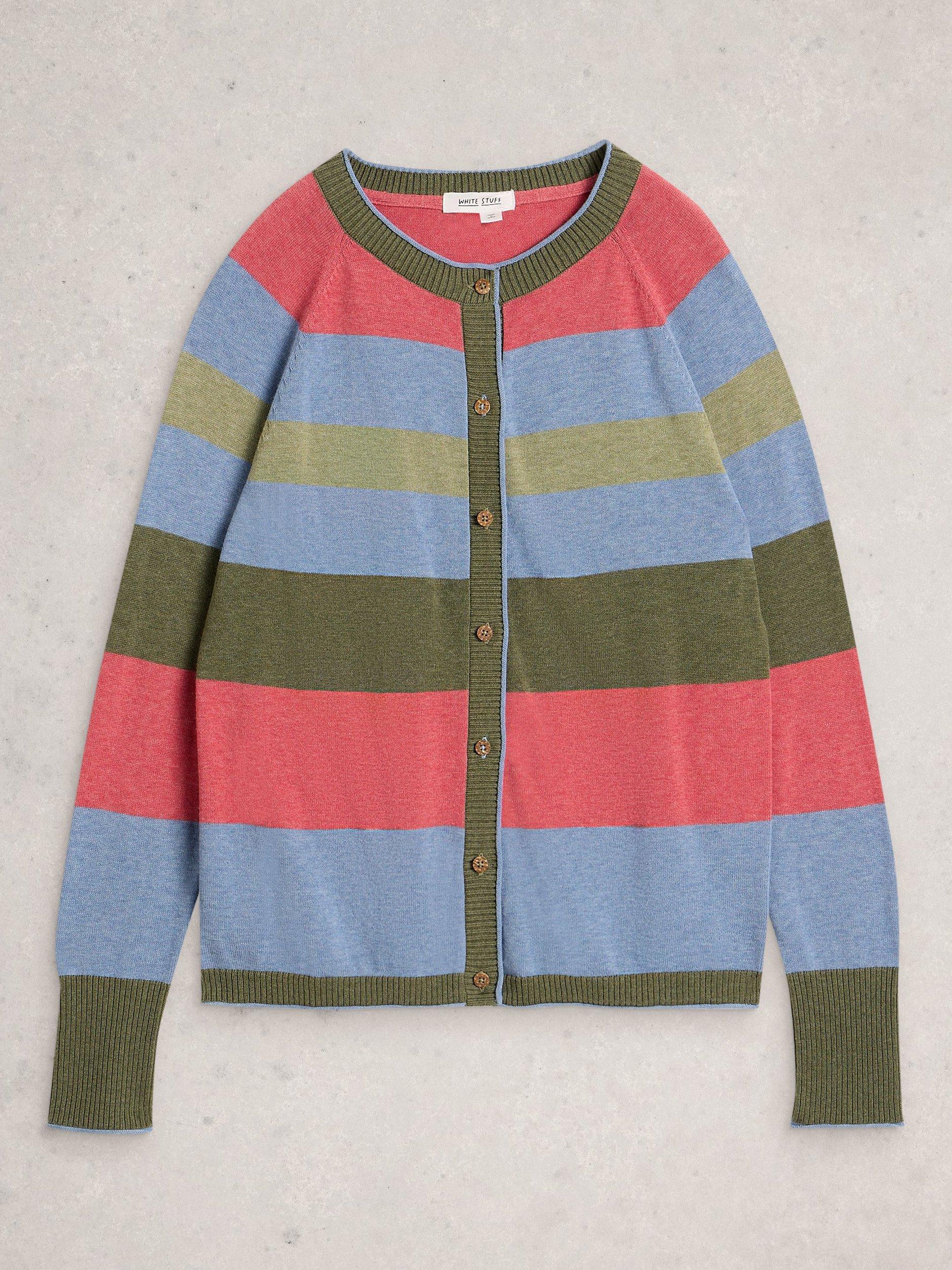 Product image 5 of 6, which shows White Stuff Lulu Crew Neck Stripe Cardigan, Green/Multi, 6