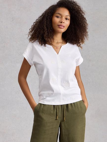 White Stuff Nelly Notch Neck Embroidered T-Shirt containing LENZING™ ECOVERO™ Viscose, White, White