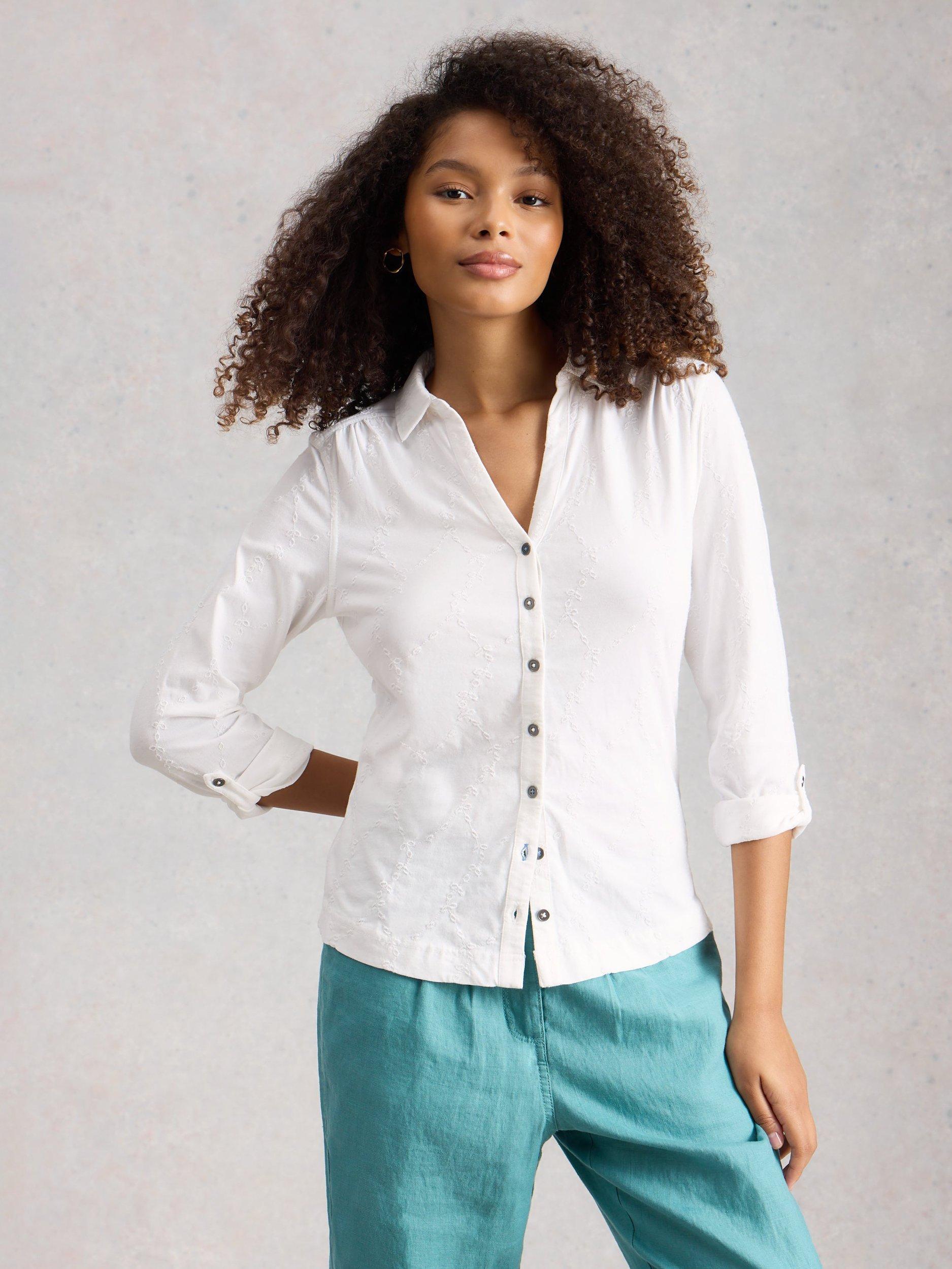 Product image 1 of 6, which shows White Stuff Annie Broderie Jersey Shirt, White, 6