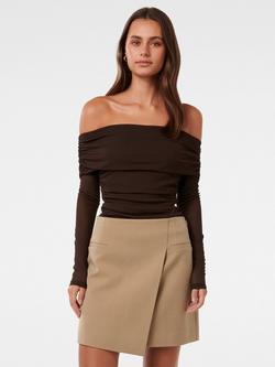 Forever New Kaia Ruched Bardot Neck Top, Chocolate, Chocolate