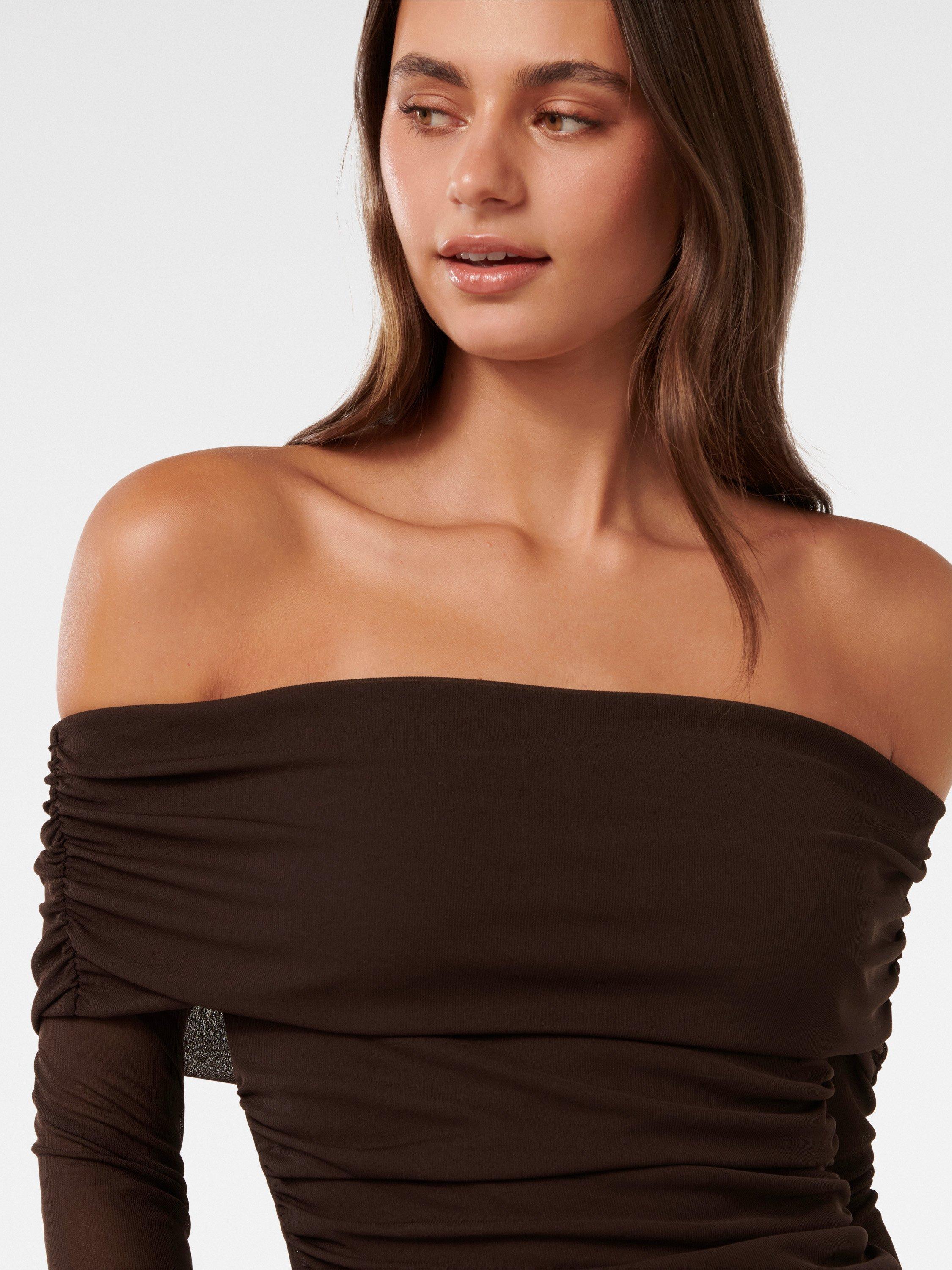 Product image 4 of 5, which shows Forever New Kaia Ruched Bardot Neck Top, Chocolate, 4