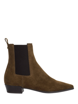 Dune London Parkas Suede Chisel Toe Low Heel Chelsea Boots, Green