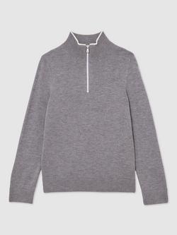 Reiss Kids' Kip Quarter Zip Jumper, Grey/White, Grey/White