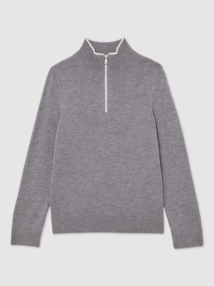 Reiss Kids' Kip Quarter Zip Jumper, Grey/White, Grey/White