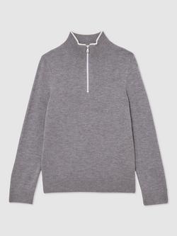 Reiss Kids' Kip Quarter Zip Jumper, Grey/White - view 2, Grey/White