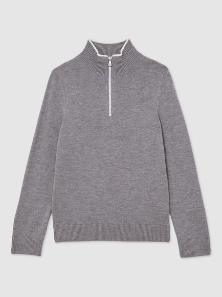 Reiss Kids' Kip Quarter Zip Jumper, Grey/White - view 2, Grey/White