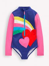 Mini Boden Kids' Long Sleeve Printed Swimsuit, Rainbow Heart