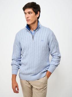 Crew Clothing Cotton Half-Zip Cable Knit Jumper, Light Blue, Light Blue
