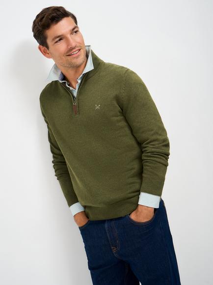 Crew Clothing Cotton Half-Zip Jumper, Olive Green