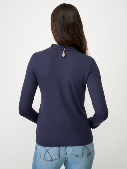 Crew Clothing Frill Trim Long Sleeve Top, Dark Blue - view 2, Dark Blue