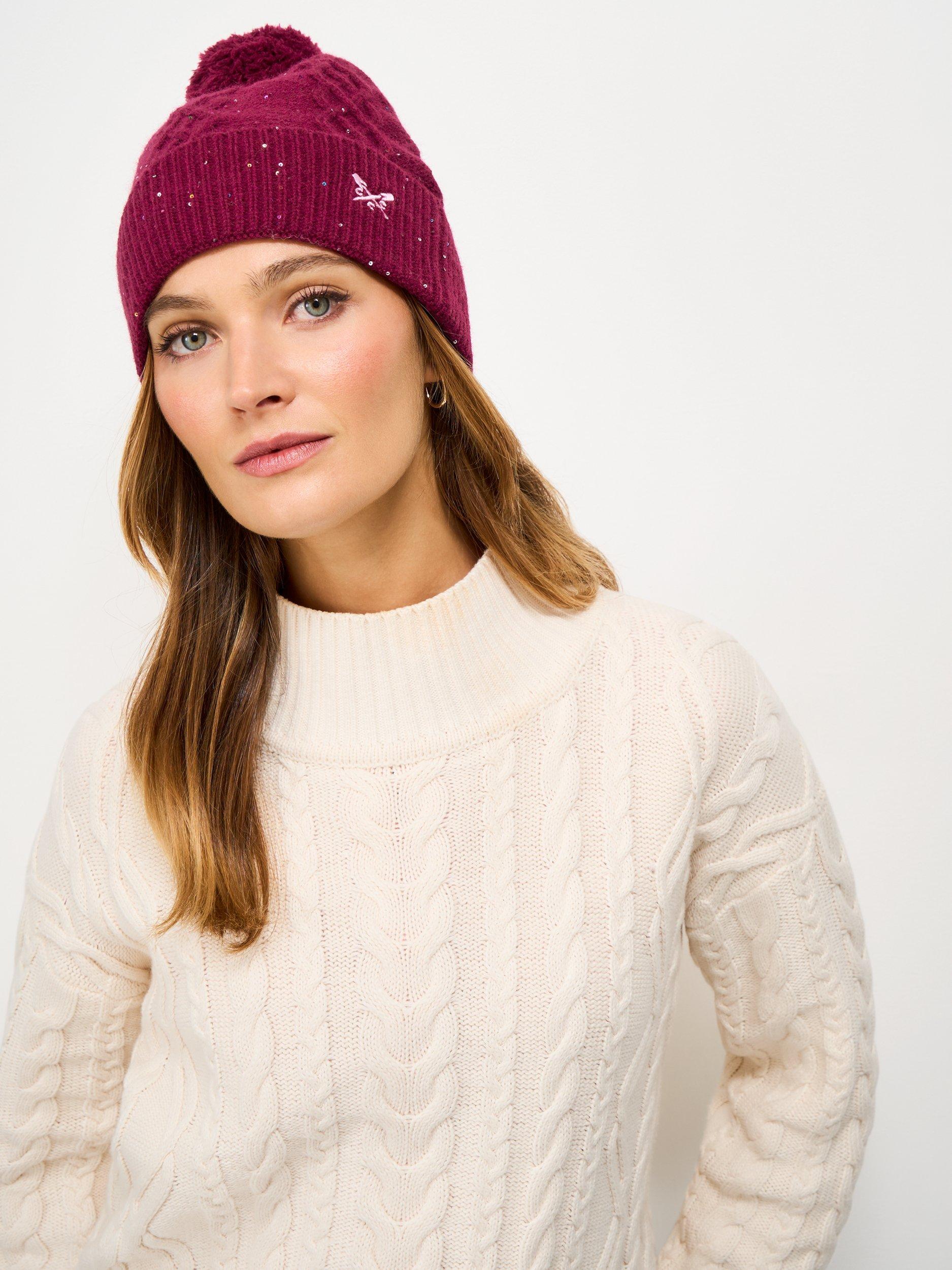 Product image 1 of 2, which shows Crew Clothing Cable Knit Glitter Bobble Hat, Berry Red, One Size