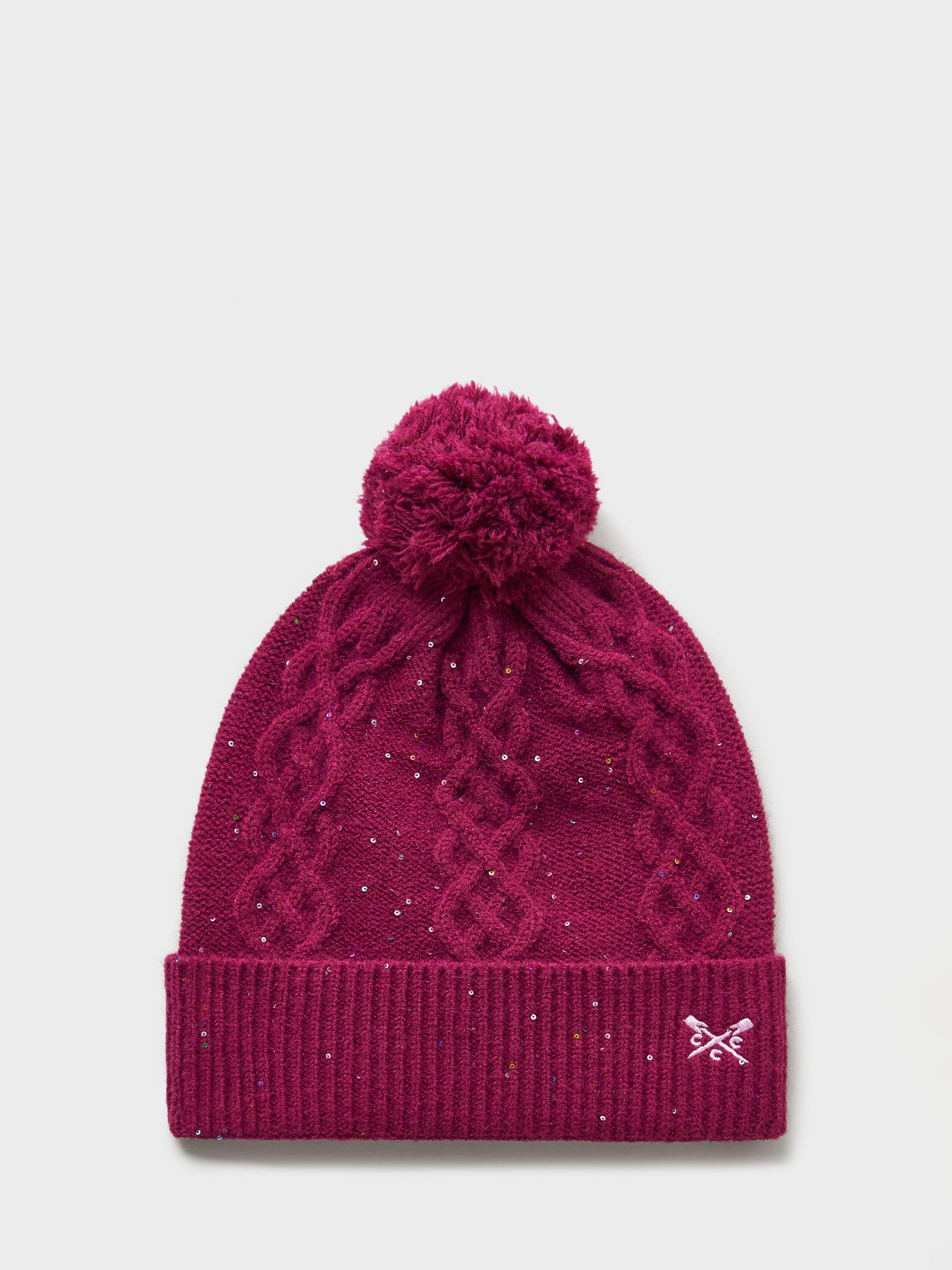 Product image 2 of 2, which shows Crew Clothing Cable Knit Glitter Bobble Hat, Berry Red, One Size