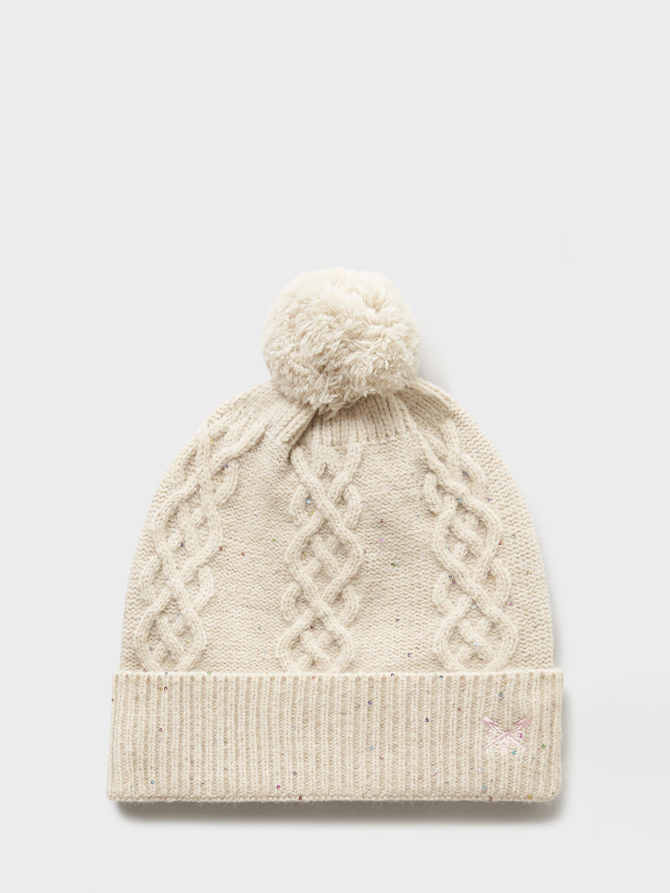 Product image 2 of 2, which shows Crew Clothing Glitter Cable Knit Bobble Hat, Neutral, One Size