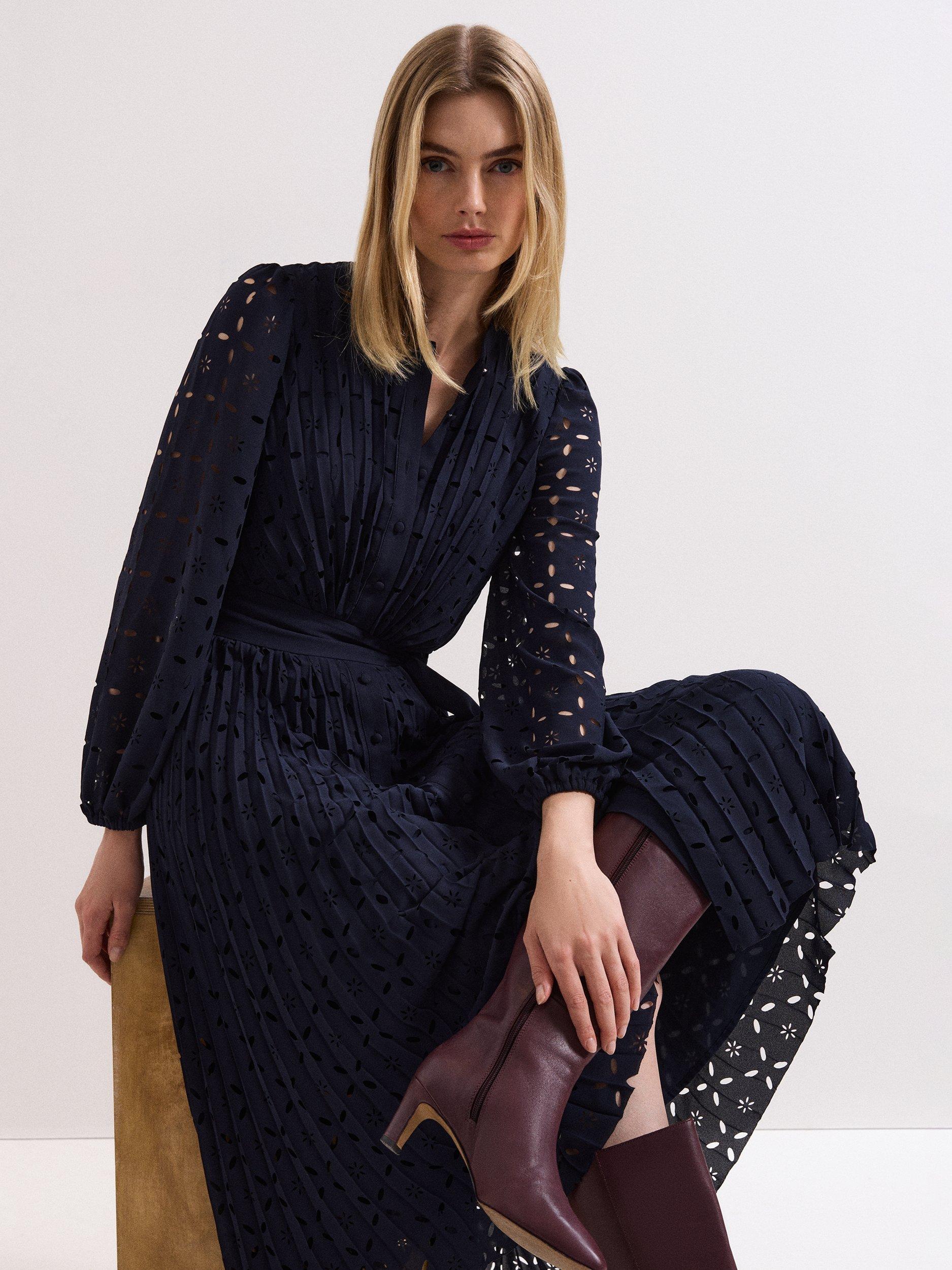 Phase Eight Marina Laser Cut Midi Dress, Navy