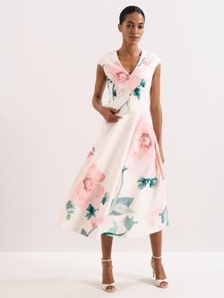 Phase Eight Rakhi Scuba Floral Midi Dress, Pale Pink/Multi, Pale Pink/Multi