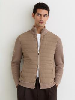 Reiss Townsend Quilted Rib Knit Funnel Neck Jacket, Taupe Brown