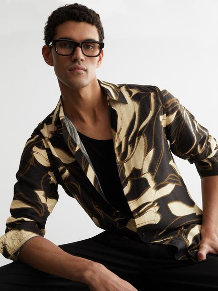 Reiss Paloma Floral Long Sleeve Shirt, Black, Black