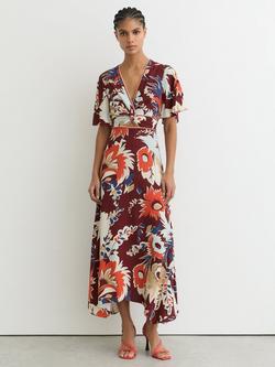 Reiss Asha Floral Midi Dress, Burgundy, Burgundy