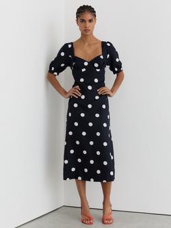 Reiss Petite Astrid Polka Dot Pure Linen Midi Dress, Navy/Ivory, Navy/Ivory