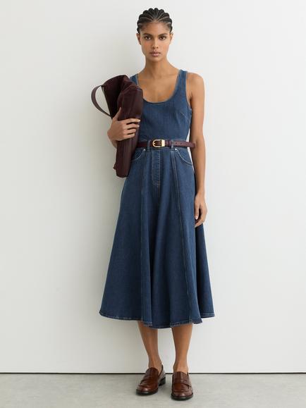 Reiss Rosie Waisted Sleeveless Denim Midi Dress, Indigo Blue, Indigo Blue
