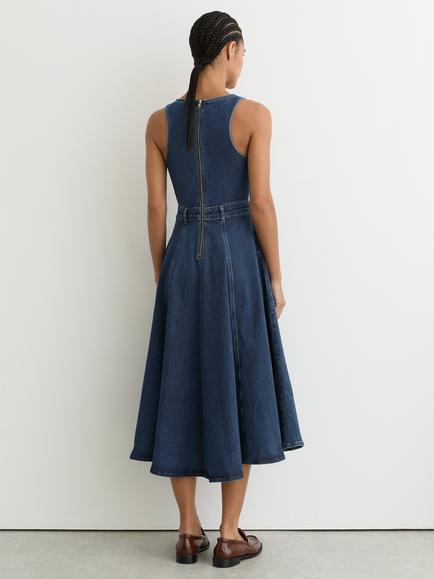 Reiss Rosie Waisted Sleeveless Denim Midi Dress, Indigo Blue - view 2, Indigo Blue