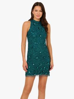 Adrianna Papell Bead Mesh Halterneck Dress, Deep Azure, Deep Azure