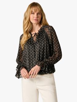 Adrianna Papell Polka Dot Ruffle Tie Blouse, Black/Cream, Black/Cream